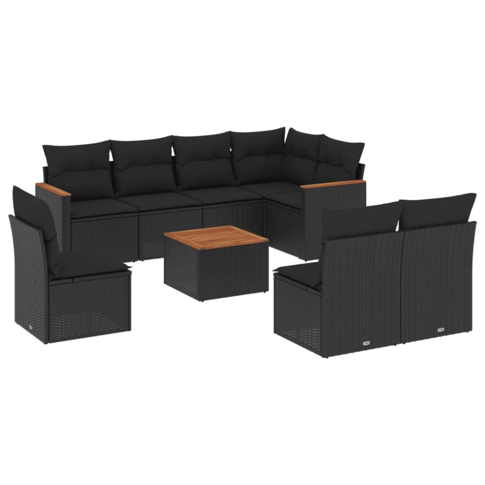 vidaXL Set mobilier de grădină cu perne, 9 piese, negru, poliratan