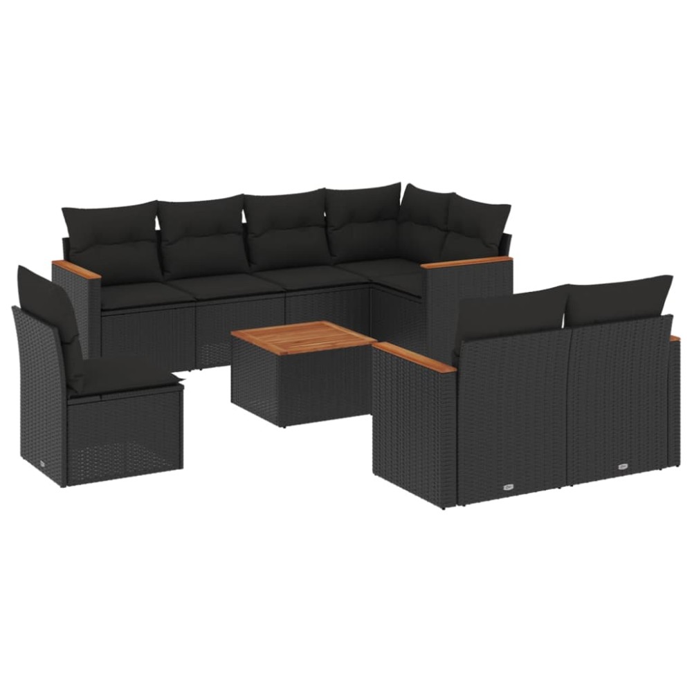 vidaXL Set mobilier de grădină cu perne, 9 piese, negru, poliratan