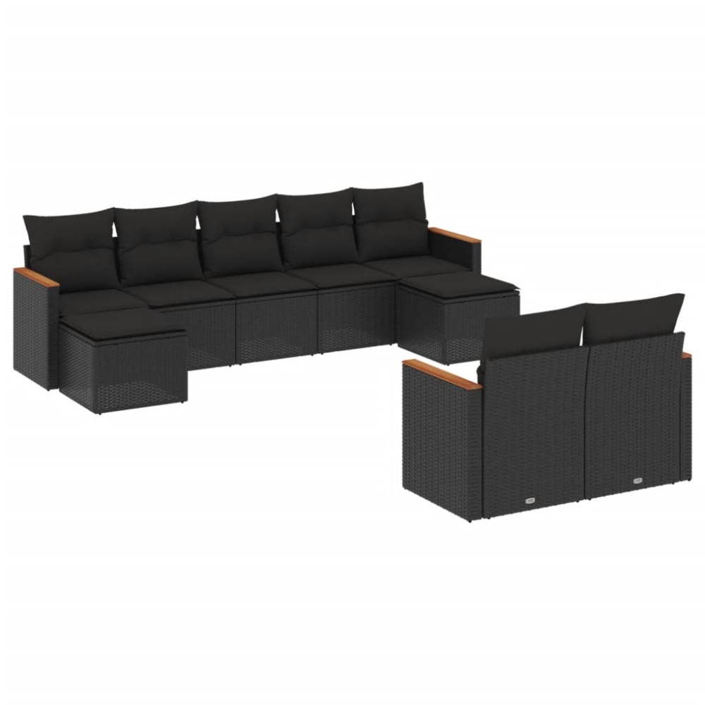 vidaXL Set mobilier de grădină cu perne, 9 piese, negru, poliratan
