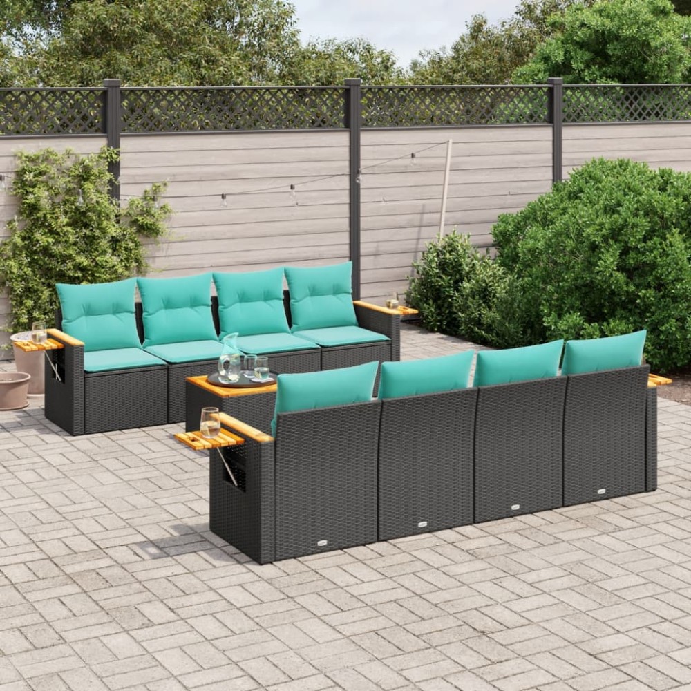 vidaXL Set mobilier de grădină cu perne, 9 piese, negru, poliratan