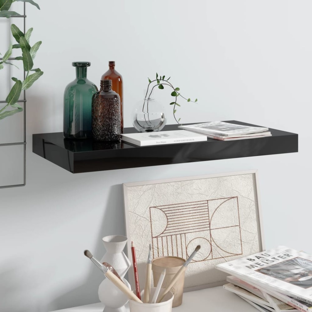 vidaXL Raft de perete suspendat, negru extralucios, 50x23x3,8 cm, MDF