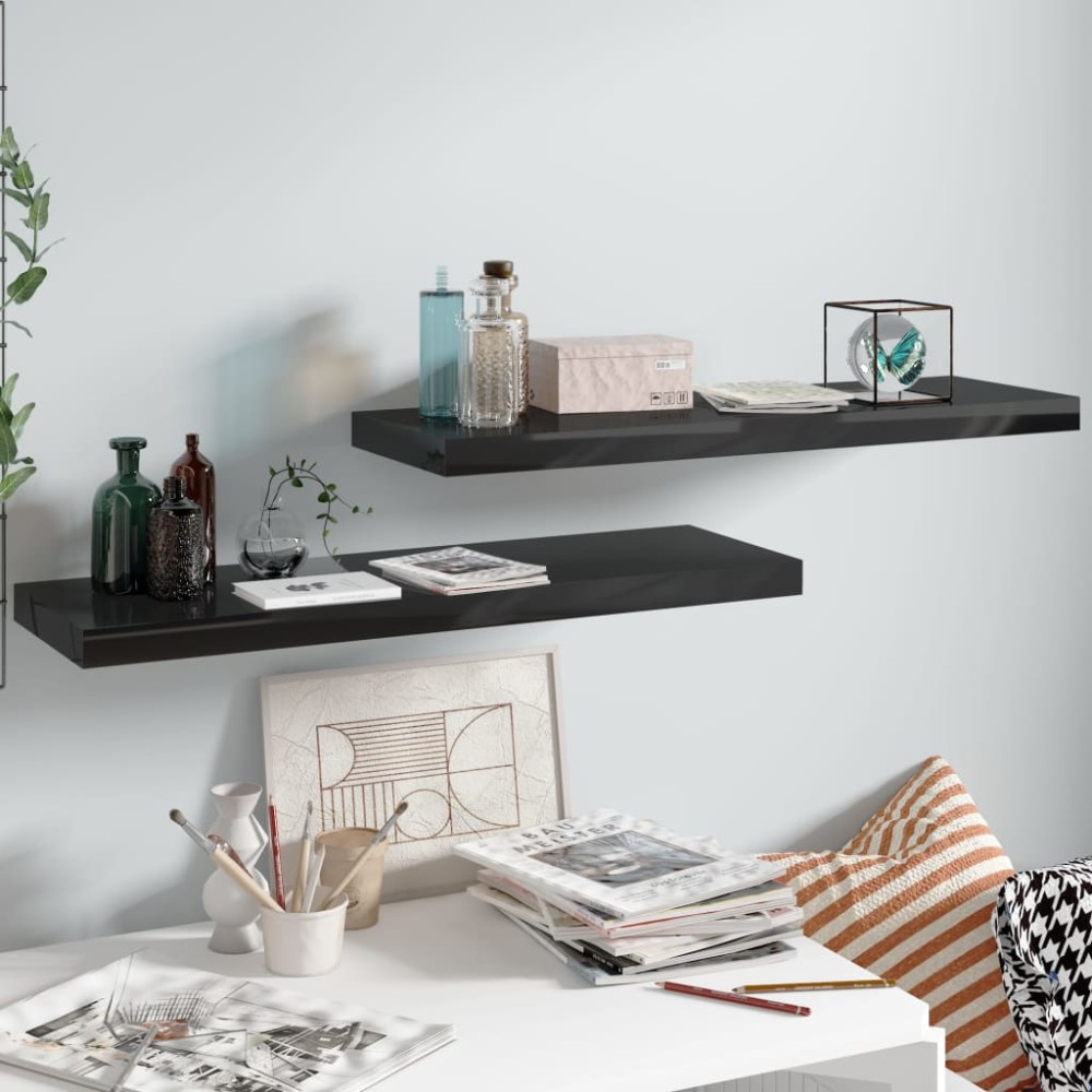vidaXL Rafturi de perete 2 buc., negru extralucios, 80x23,5x3,8 cm MDF