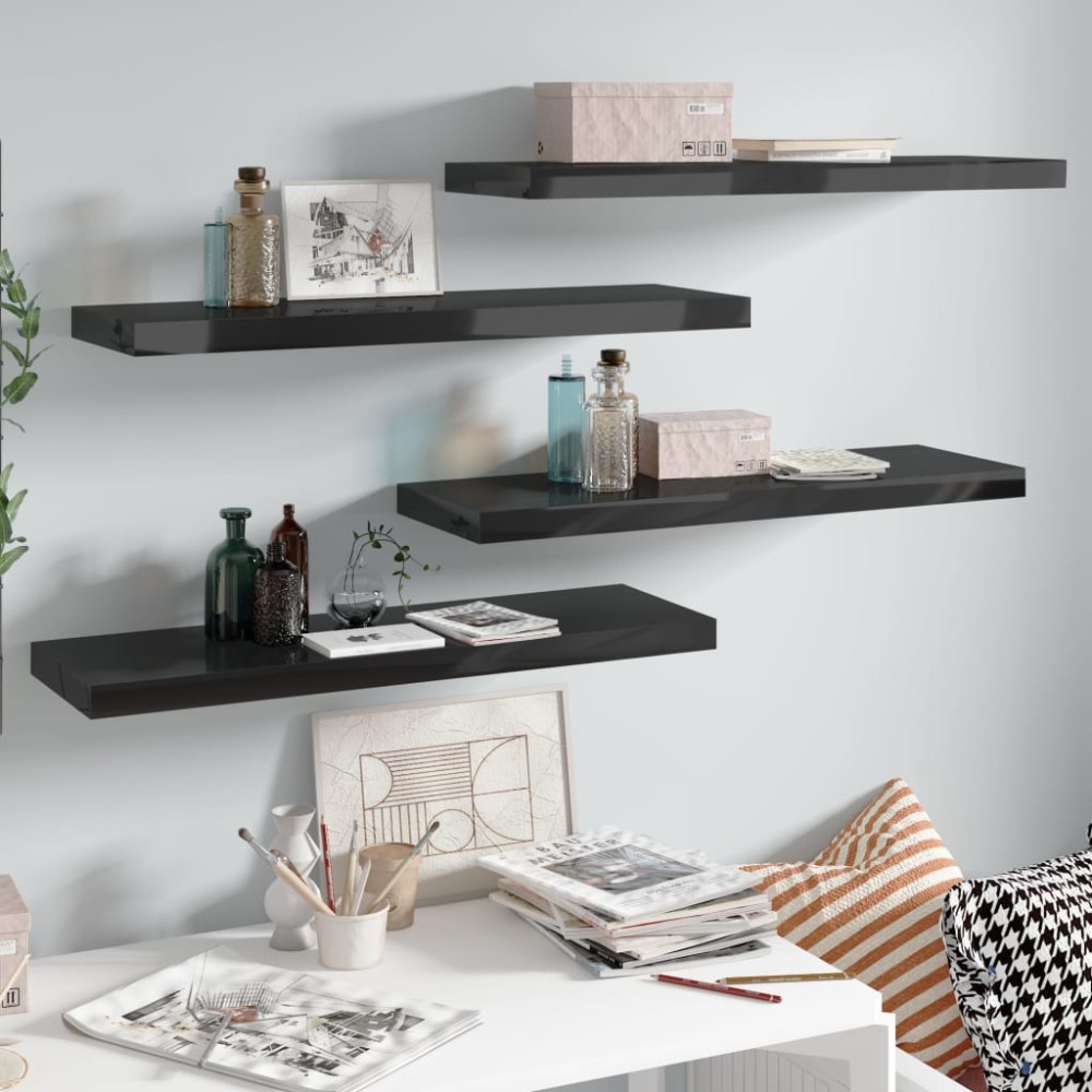 vidaXL Rafturi de perete, 4 buc., negru extralucios 80x23,5x3,8 cm MDF