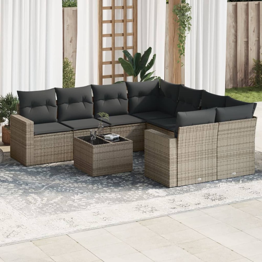 vidaXL Set canapele de grădină, 9 piese, cu perne, gri, poliratan