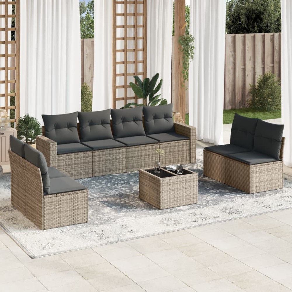vidaXL Set canapele de grădină, 9 piese, cu perne, gri, poliratan