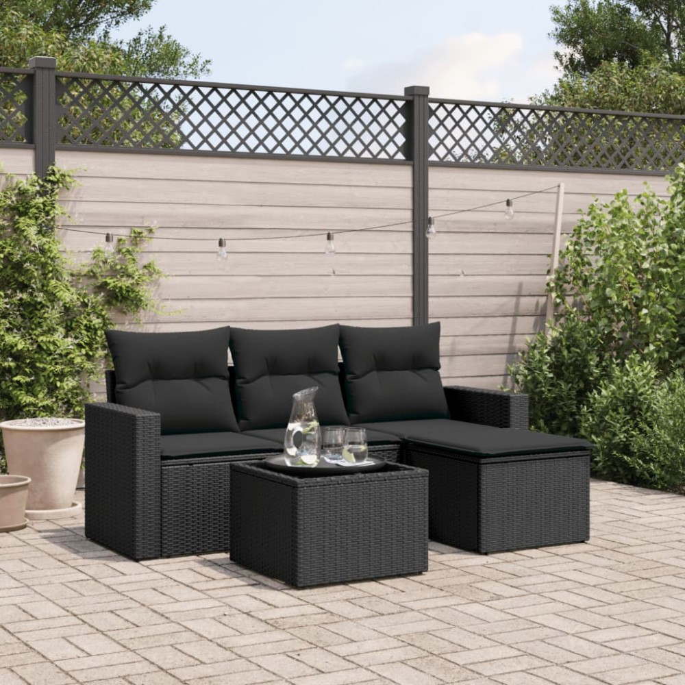 vidaXL Set mobilier de grădină cu perne, 5 piese, negru, poliratan