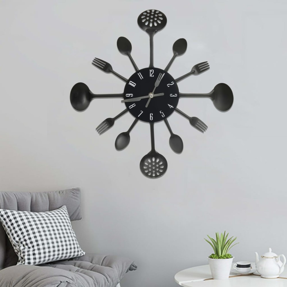 vidaXL Ceas perete cu model lingură/furculiță, negru, 40 cm, aluminiu