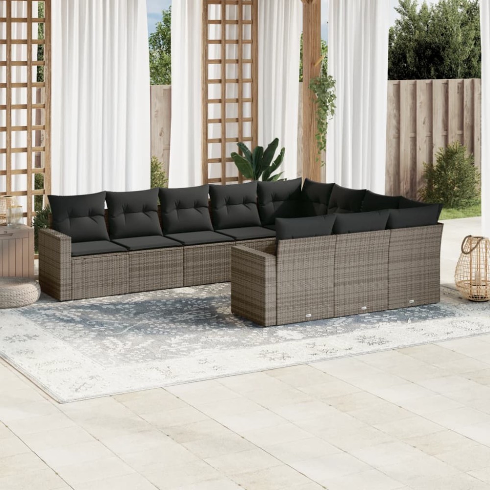 vidaXL Set mobilier de grădină cu perne, 10 piese, gri, poliratan