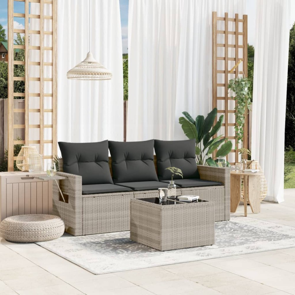 vidaXL Set canapea de grădină cu perne, 4 piese, gri deschis poliratan