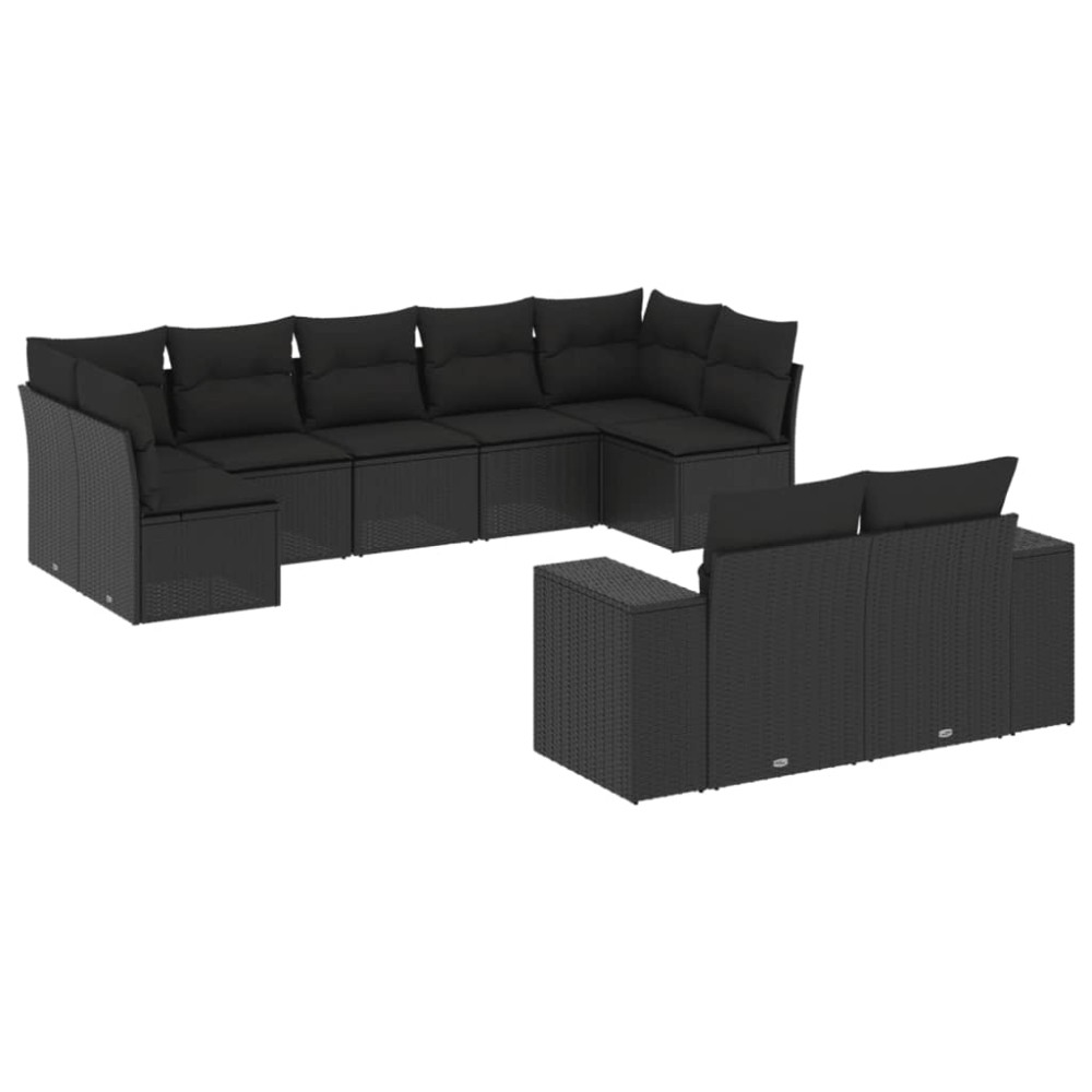 vidaXL Set mobilier de grădină cu perne, 9 piese, negru, poliratan