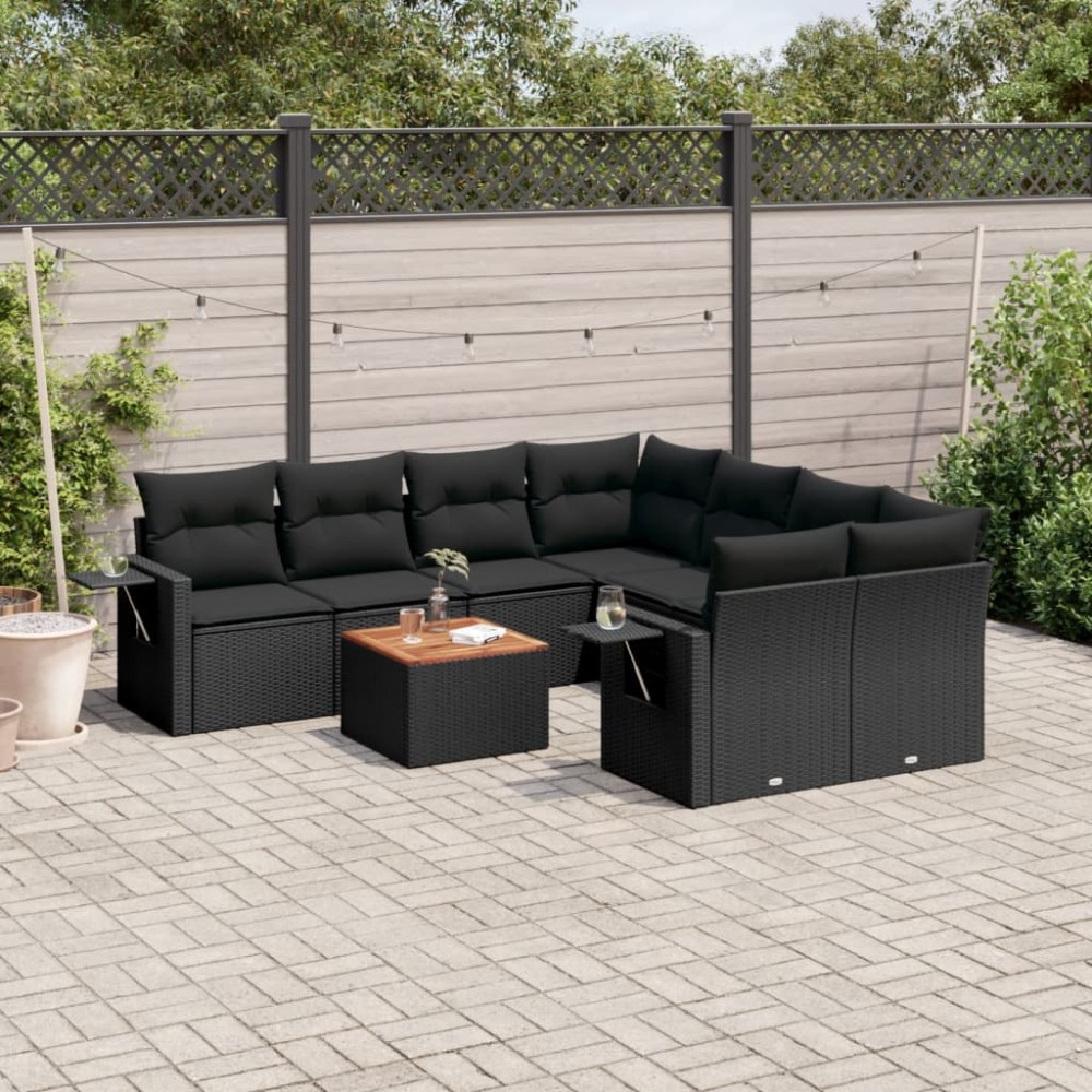 vidaXL Set mobilier de grădină cu perne, 9 piese, negru, poliratan