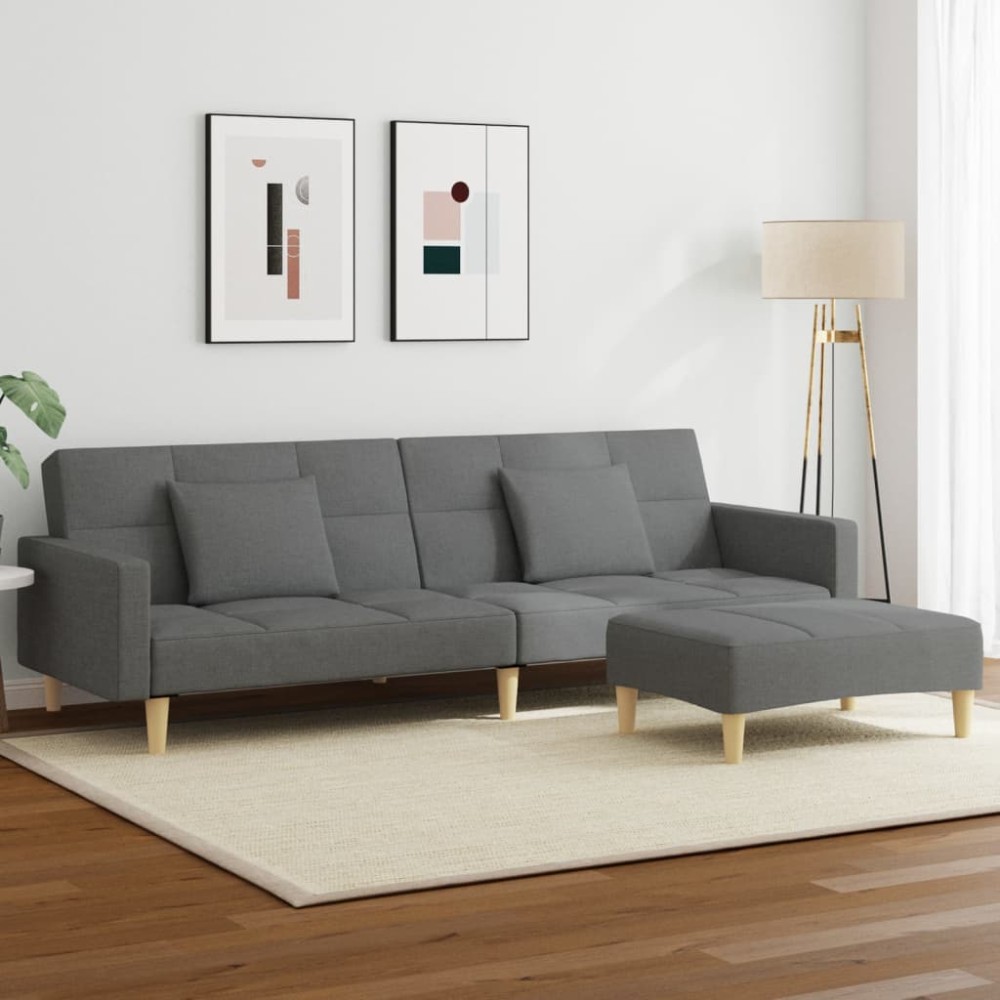 vidaXL Canapea extensibilă cu taburet, 2 locuri, gri închis, textil