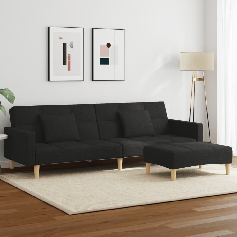 vidaXL Canapea extensibilă cu taburet, 2 locuri, negru, textil