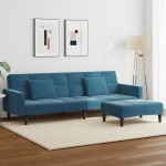 vidaXL Canapea extensibilă cu 2 locuri și taburet, albastru, catifea vidaXL Canapea extensibilă cu 2 locuri și taburet, albastru, catifea