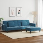 vidaXL Canapea extensibilă cu 2 locuri și taburet, albastru, catifea vidaXL Canapea extensibilă cu 2 locuri și taburet, albastru, catifea