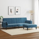 vidaXL Canapea extensibilă cu 2 locuri și taburet, albastru, catifea vidaXL Canapea extensibilă cu 2 locuri și taburet, albastru, catifea