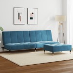 vidaXL Canapea extensibilă cu 2 locuri și taburet, albastru, catifea vidaXL Canapea extensibilă cu 2 locuri și taburet, albastru, catifea