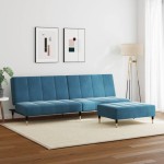 vidaXL Canapea extensibilă cu 2 locuri și taburet, albastru, catifea vidaXL Canapea extensibilă cu 2 locuri și taburet, albastru, catifea