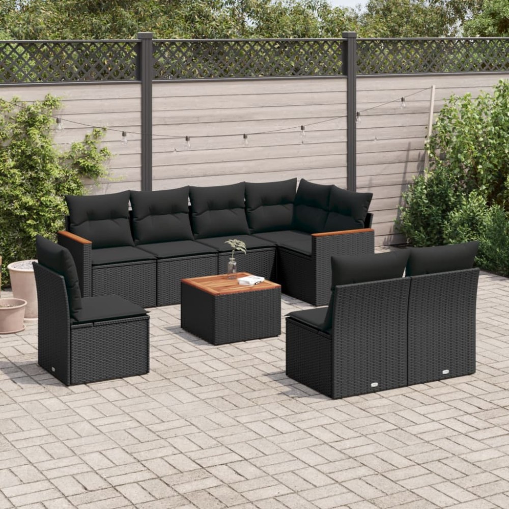 vidaXL Set mobilier de grădină cu perne, 9 piese, negru, poliratan
