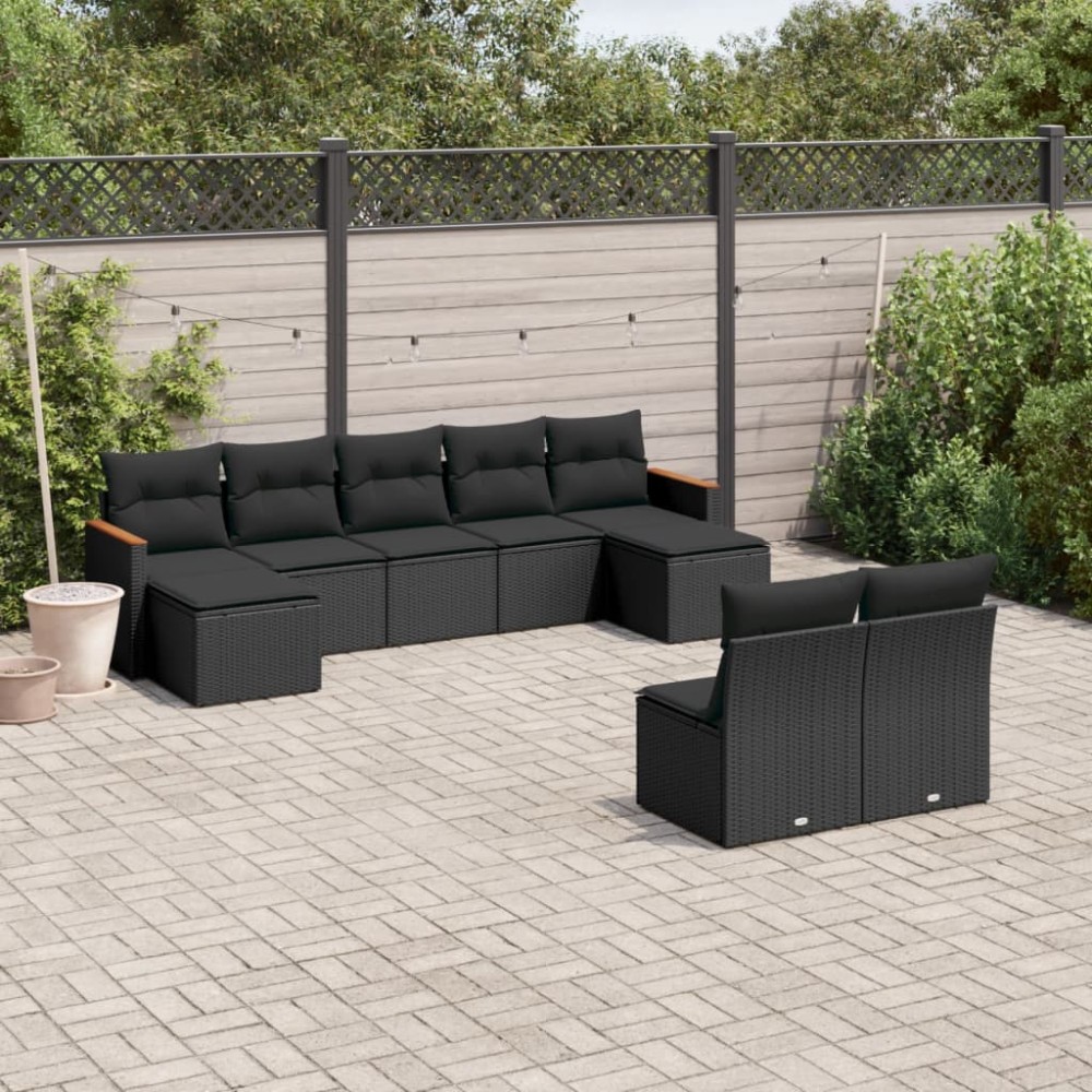 vidaXL Set mobilier de grădină cu perne, 9 piese, negru, poliratan