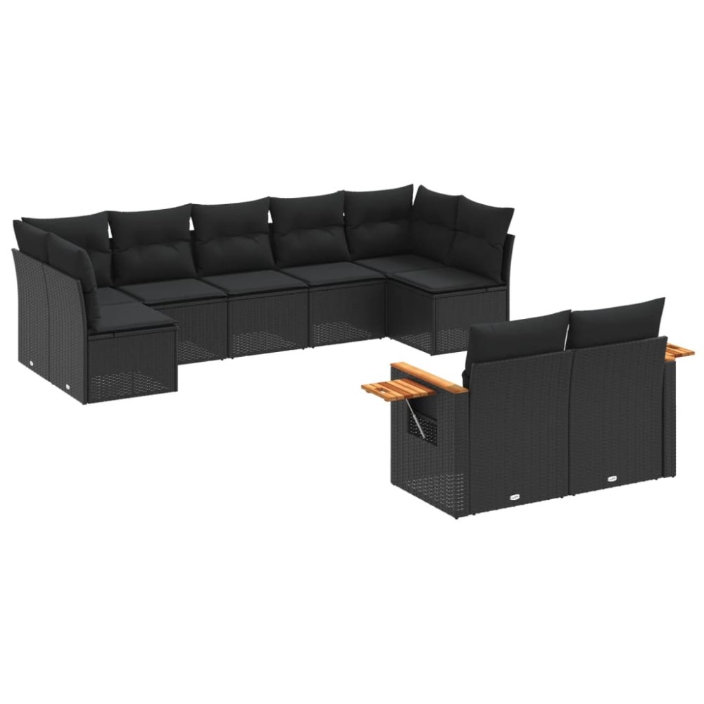 vidaXL Set mobilier de grădină cu perne, 9 piese, negru, poliratan