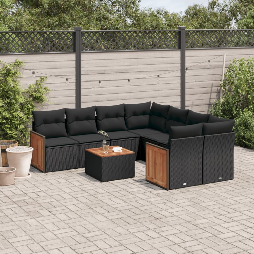 vidaXL Set mobilier de grădină cu perne, 9 piese, negru, poliratan