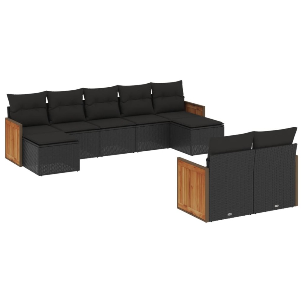 vidaXL Set mobilier de grădină cu perne, 9 piese, negru, poliratan
