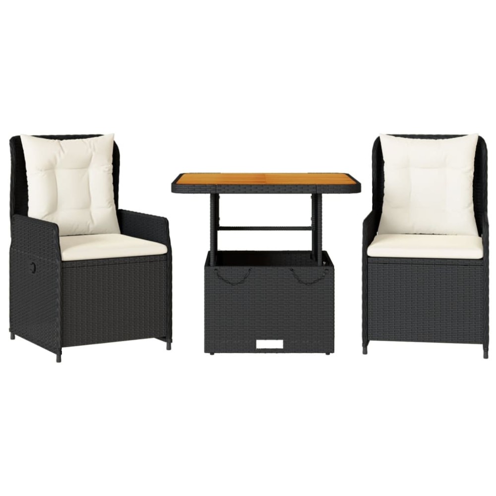 vidaXL Set bistro cu perne, 3 piese, negru, poliratan