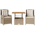 vidaXL Set bistro cu perne, 3 piese, bej, poliratan