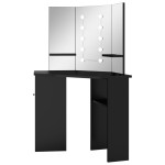 vidaXL Masă de toaletă de colț, cu LED, negru, 111x54x141,5 cm