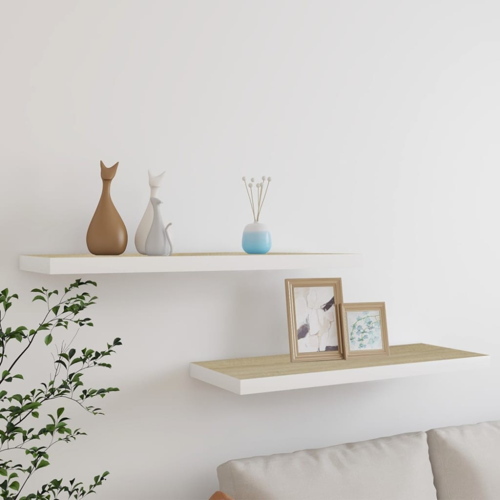vidaXL Rafturi perete suspendate 2 buc. stejar/alb 80x23,5x3,8 cm, MDF