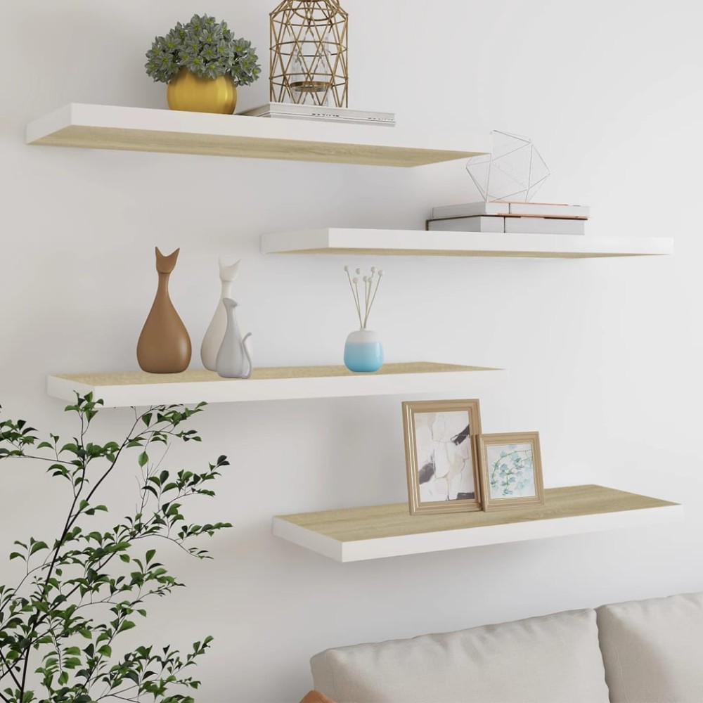 vidaXL Rafturi perete suspendate 4 buc. stejar/alb 80x23,5x3,8 cm, MDF