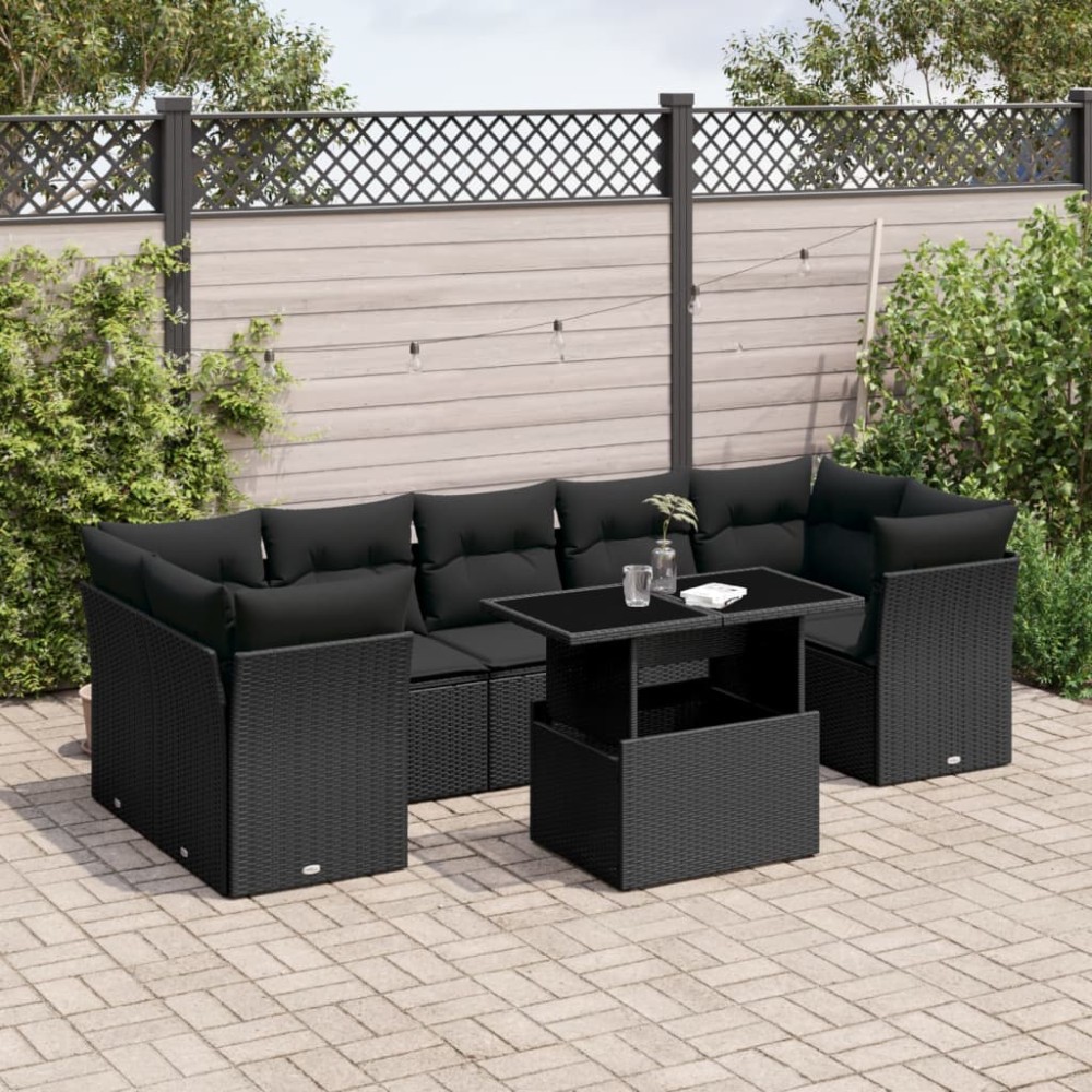 vidaXL Set mobilier de grădină cu perne, 8 piese, negru, poliratan