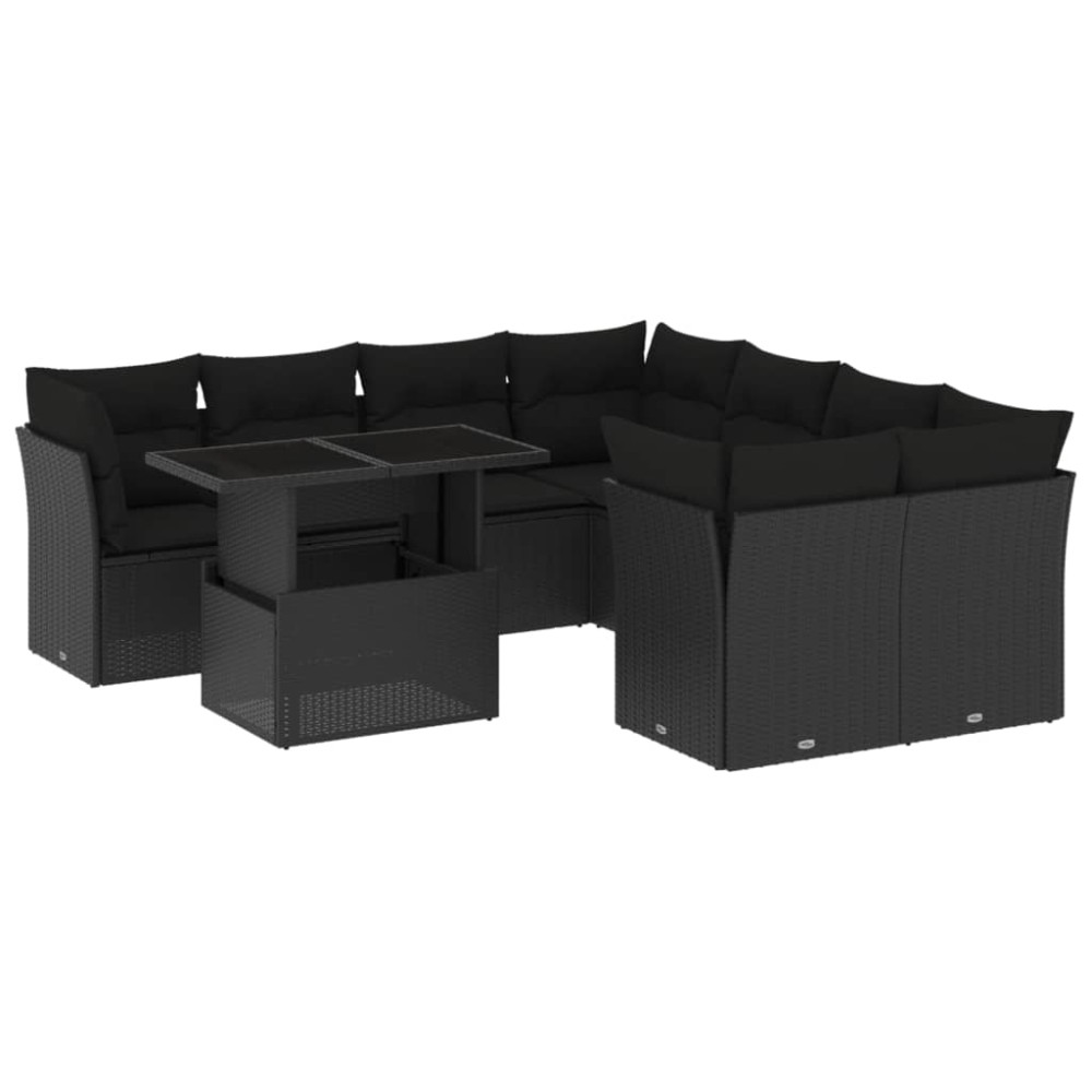 vidaXL Set mobilier de grădină cu perne, 9 piese, negru, poliratan