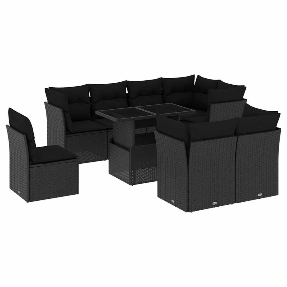 vidaXL Set mobilier de grădină cu perne, 9 piese, negru, poliratan