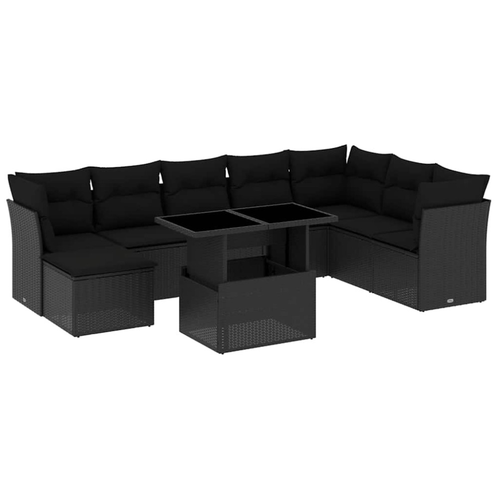 vidaXL Set mobilier de grădină cu perne, 9 piese, negru, poliratan