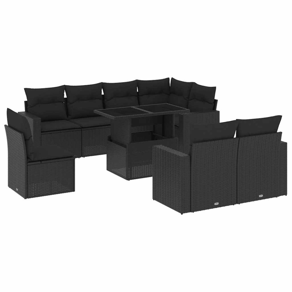 vidaXL Set mobilier de grădină cu perne, 9 piese, negru, poliratan