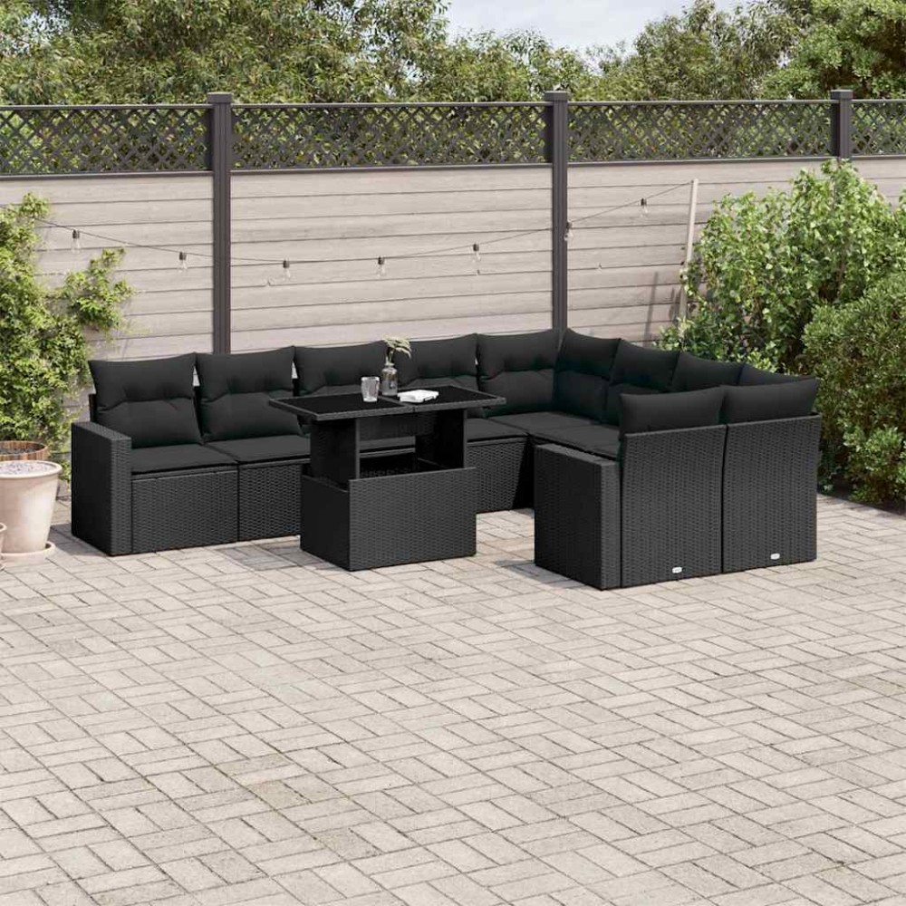 vidaXL Set canapele de grădină cu perne, 10 piese, negru, poliratan