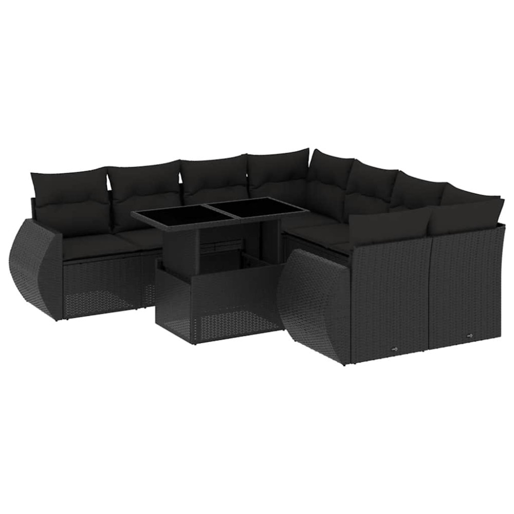 vidaXL Set mobilier de grădină cu perne, 9 piese, negru, poliratan