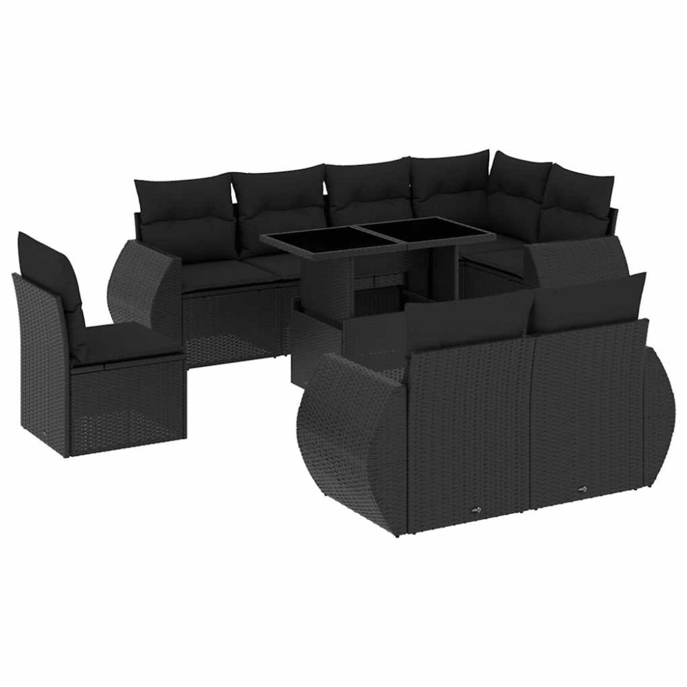 vidaXL Set mobilier de grădină cu perne, 9 piese, negru, poliratan