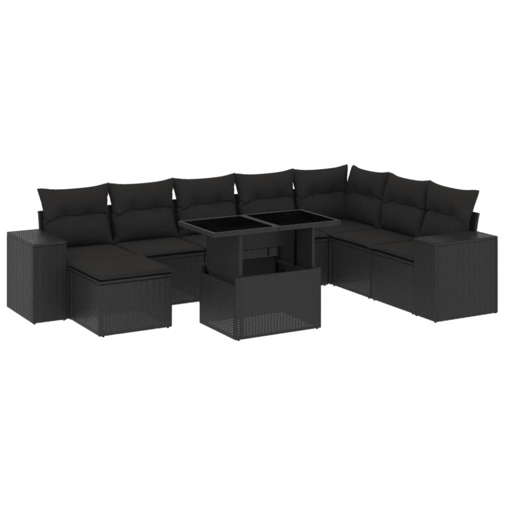 vidaXL Set mobilier de grădină cu perne, 9 piese, negru, poliratan