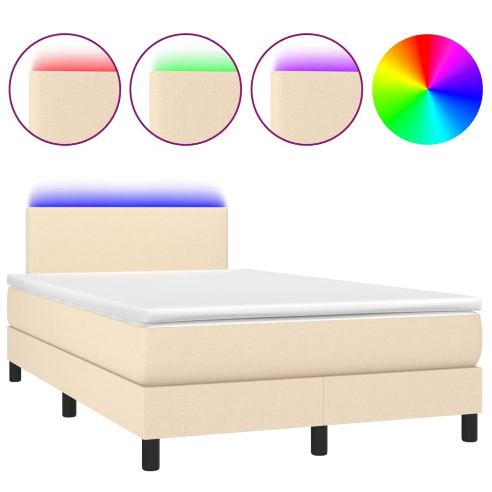 vidaXL Pat cu arcuri, saltea și LED, crem, 120x190 cm, textil