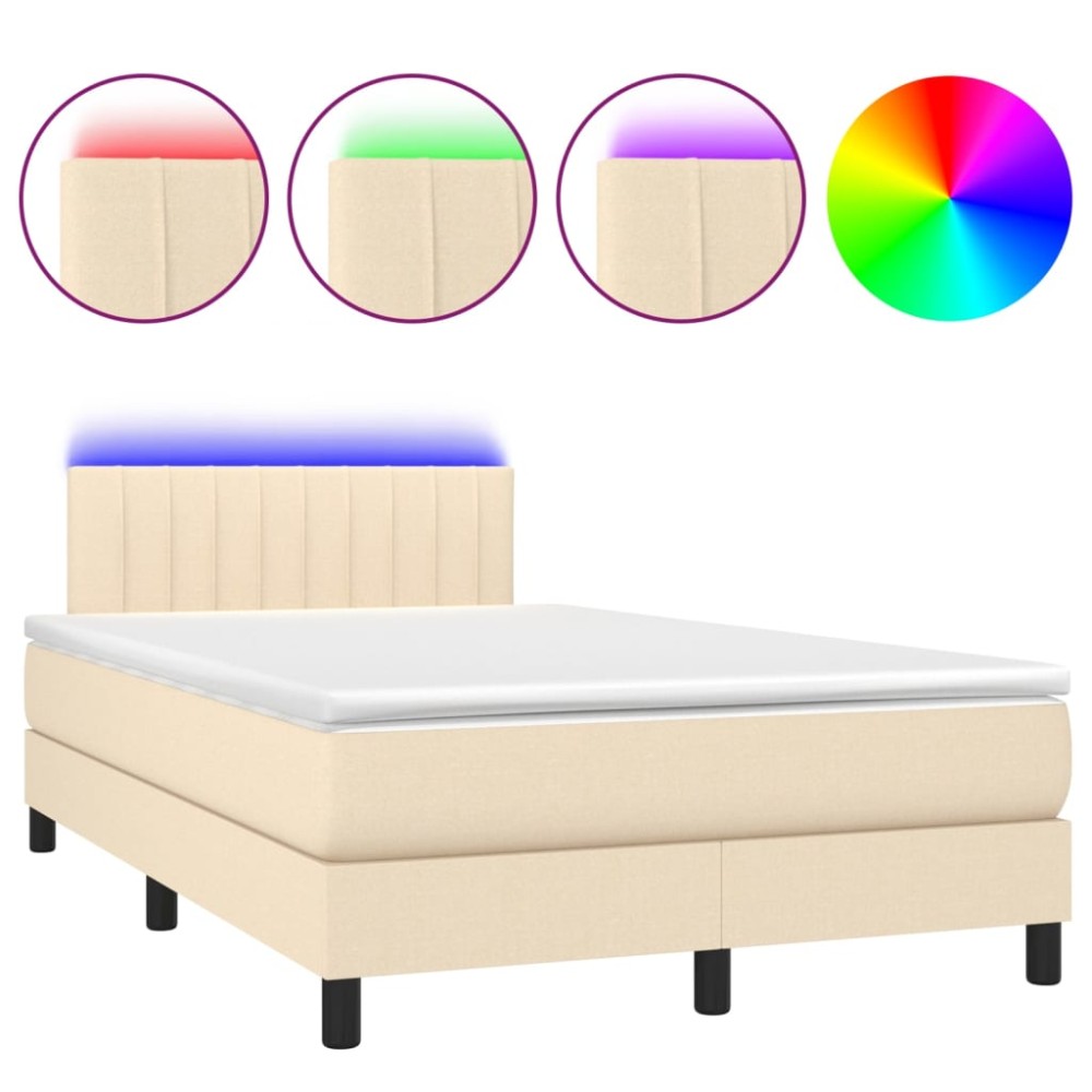 vidaXL Pat cu arcuri, saltea și LED, crem, 120x190 cm, textil