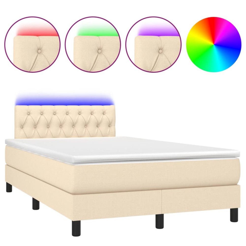 vidaXL Pat cu arcuri, saltea și LED, crem, 120x190 cm, textil