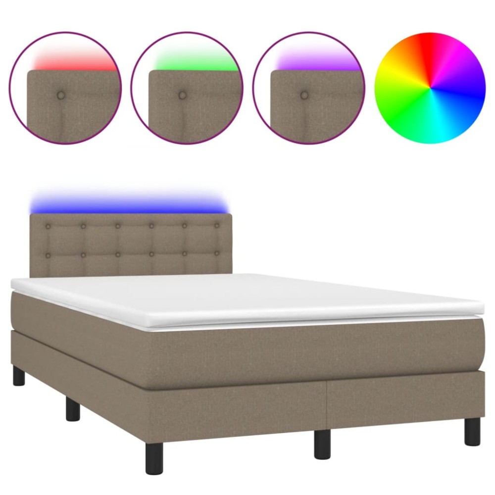vidaXL Pat cu arcuri, saltea și LED, gri taupe, 120x190 cm, textil