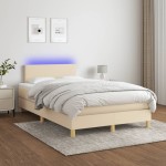 vidaXL Pat cu arcuri, saltea și LED, crem, 120x190 cm, textil