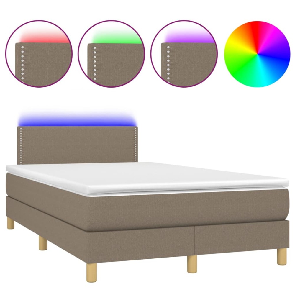 vidaXL Pat cu arcuri, saltea și LED, gri taupe, 120x190 cm, textil