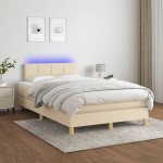 vidaXL Pat cu arcuri, saltea și LED, crem, 120x190 cm, textil