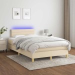 vidaXL Pat cu arcuri, saltea și LED, crem, 120x190 cm, textil