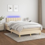 vidaXL Pat cu arcuri, saltea și LED, crem, 120x190 cm, textil